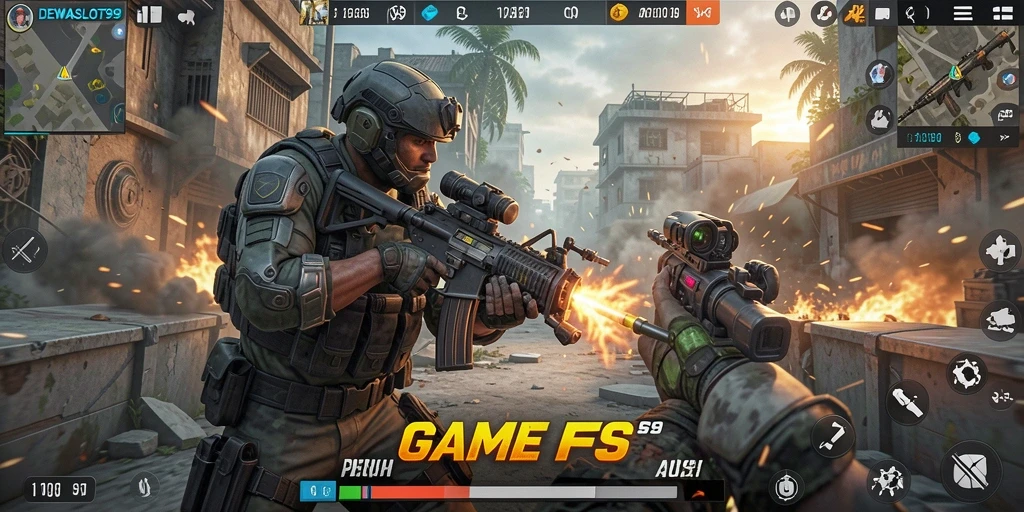 Tampilan aksi mendebarkan dalam game FPS DEWASLOT99.