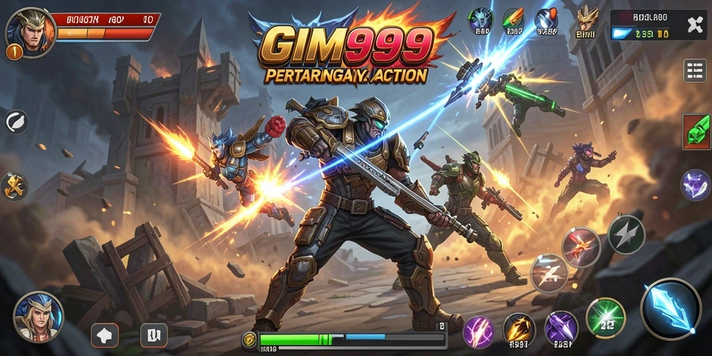 Screenshot utama GIM999 menampilkan aksi pertarungan yang mendebarkan.