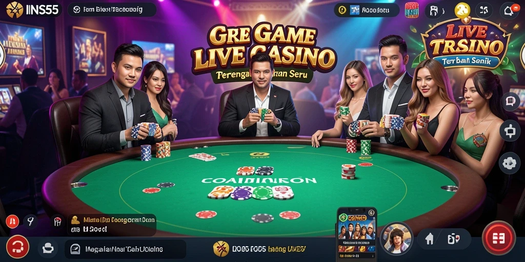 Screenshot INS55 menampilkan dealer live dan suasana kasino yang mengasyikkan.