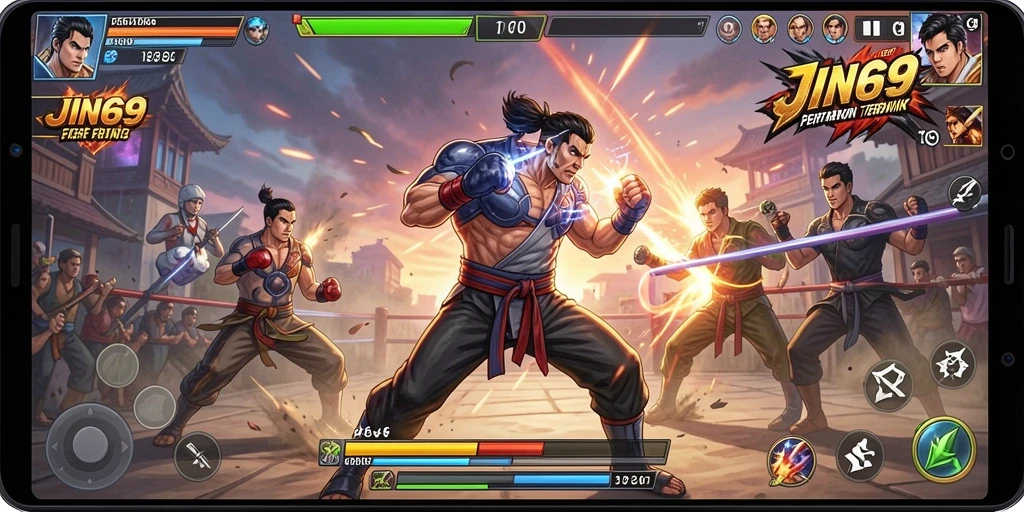Gameplay JIN69 yang seru menampilkan pertarungan mendebarkan antara karakter-karakter unik.
